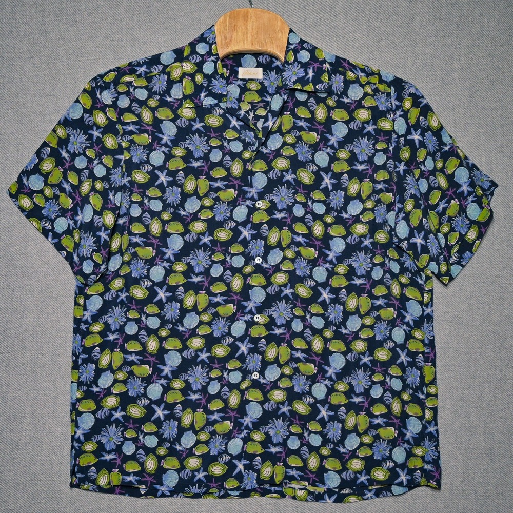 Brioni Mens Shirt Silk Sea Life Fish Italy Navy Blue Size Large Vacation Relax